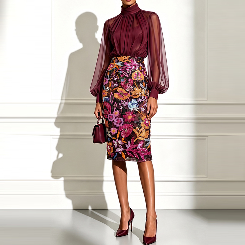 Midi Skirt Floral - Setelan Blus Berkerah Tinggi Transparan Berbahan