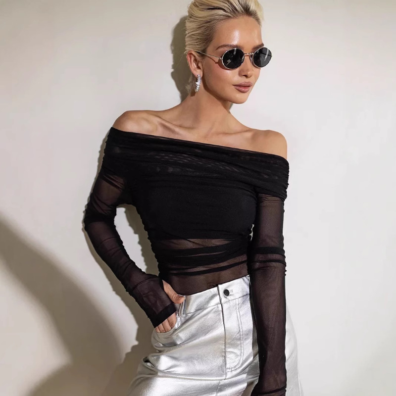 Blouse Off Shoulder - Atasan Wanita Berbahan Mesh Off Shoulder