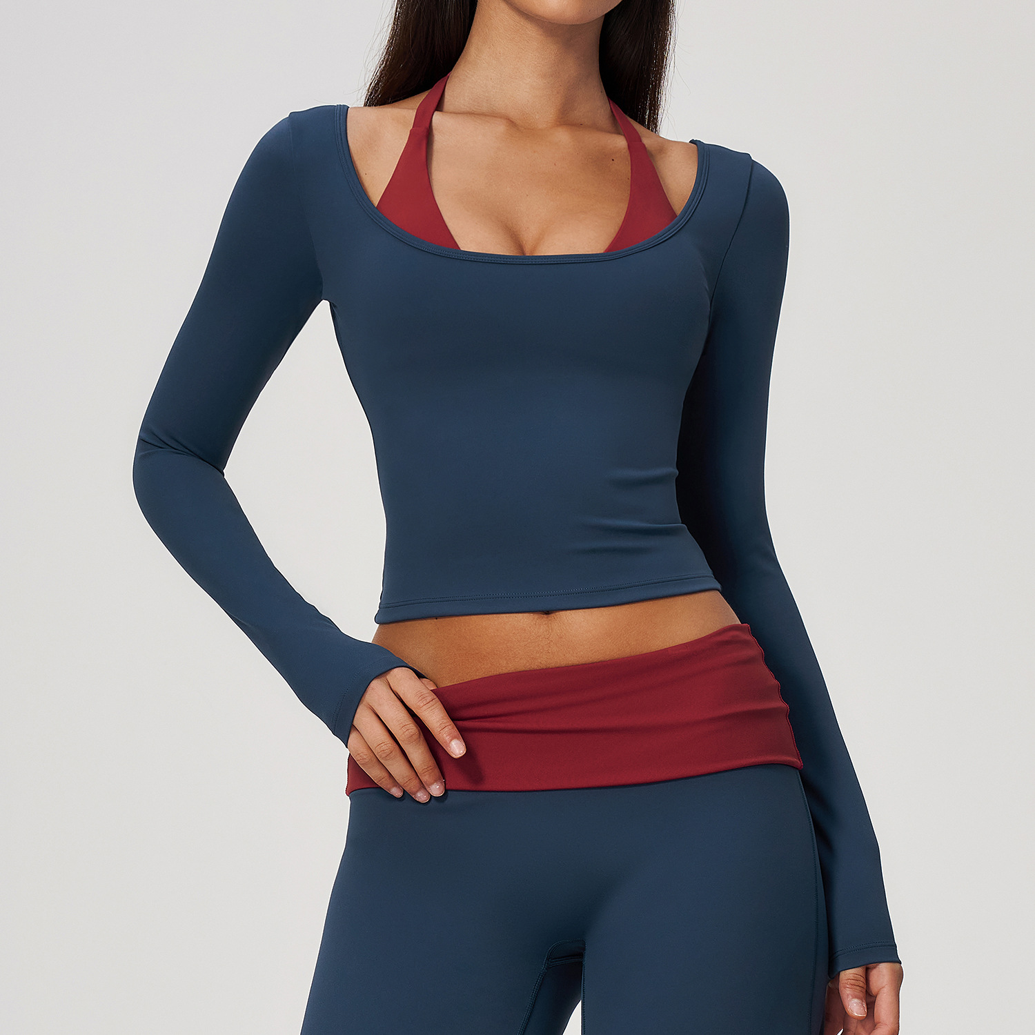 Crop Top Crochet - Atasan yoga lengan panjang model halter,