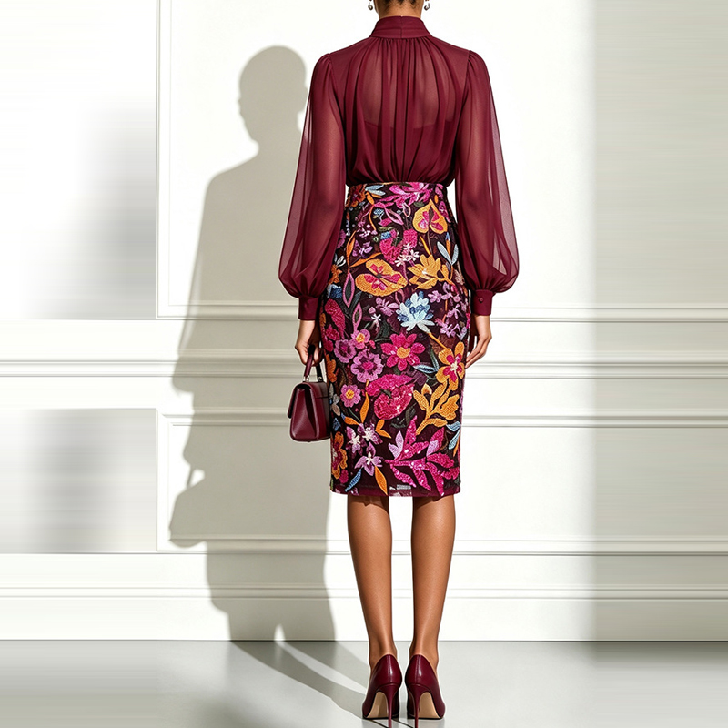 Setelan Blus Berkerah Tinggi T - Midi Skirt Floral ulasan dan harga